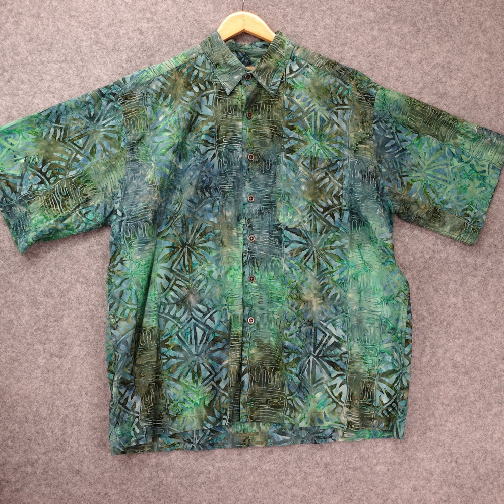 JOHARI WEST Hawaiian Shirt Men 2XL Green Camp Aloha Cotton Batik Summer Tropical